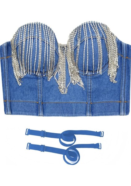 Kot Büstiyer, Taşlı Büstiyer, Taşlı Askılı Crop Bluz, Kot Taş Detaylı Büstiyer, Büstiyer, Bluz, Crop fırsatları