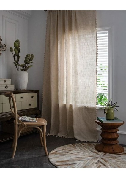 %100 Doğal Pamuklu Püsküllü Keten Perde