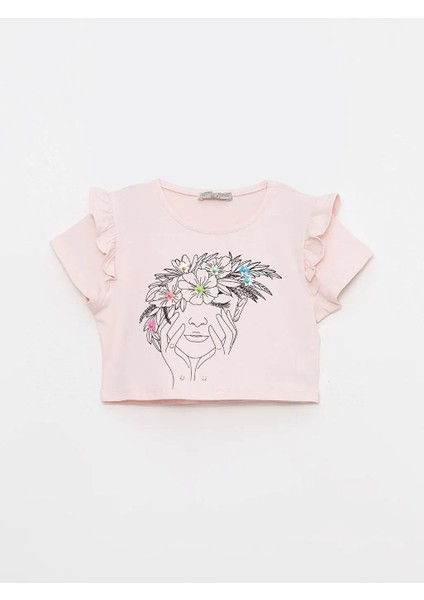 Kız Çocuk Baskılı Kolu Fırfırlı Aksesuarlı Girl T-Shirt