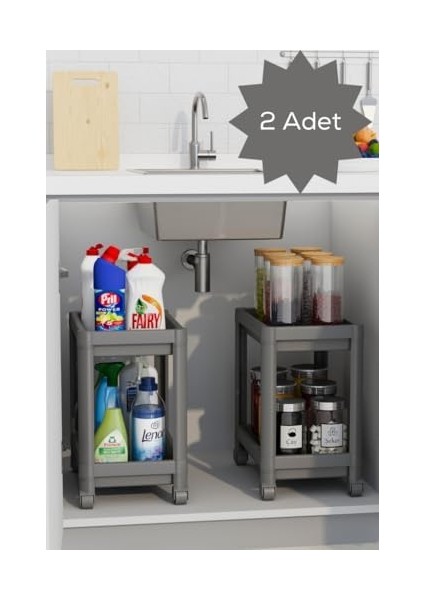 Life 2 Adet 2 Katlı Tekerlekli Tezgah Altı Gri Banyo Mutfak Rafı MIT1124