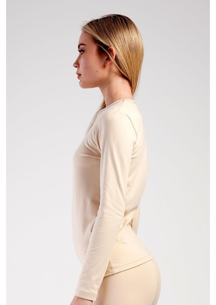 Kadın Uzun Kol Bisiklet Yaka Termal T-Shirt 409008 Bej modelleri