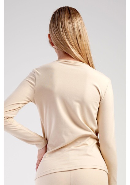 Kadın Uzun Kol Bisiklet Yaka Termal T-Shirt 409008 Bej fırsatları