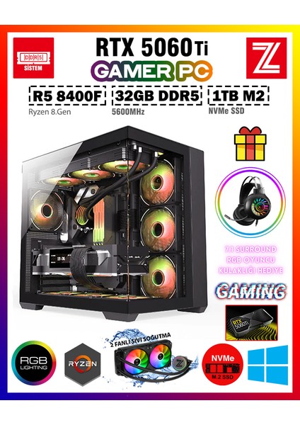 Edus X14 Ryzen 5 8400F Ddr5 32GB 5600MHZ Ram 1tb M.2 Nvme SSD 8gb Gddr7 RTX5060TI Sıvı Soğutmalı Oyuncu Bilgisayarı