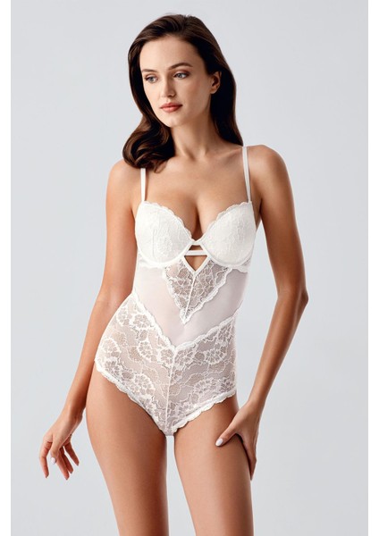 Push Up Dantel Detaylı Bodysuit C15097 Ekru