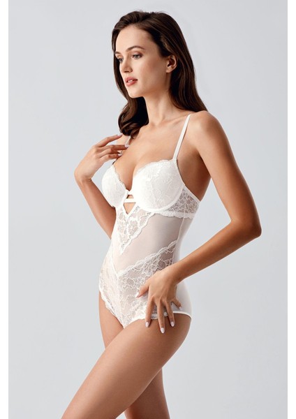 Push Up Dantel Detaylı Bodysuit C15097 Ekru