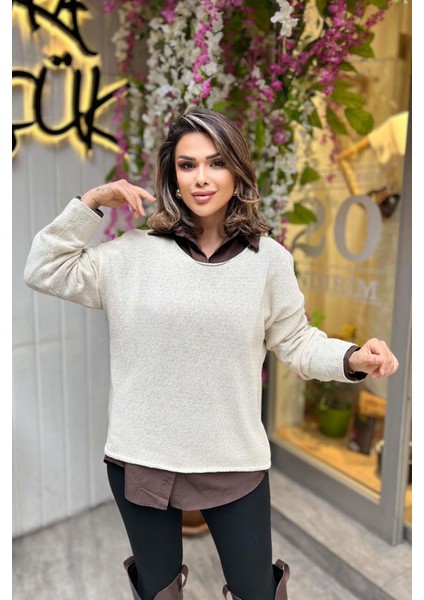 Bisiklet Yaka Oversize Triko Ekru
