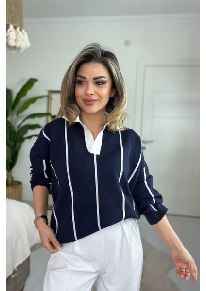 Polo Yaka Dik Çizgili Kazak Lacivert