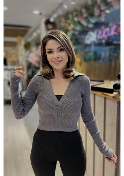 Patlı Polo Yaka Triko Gri