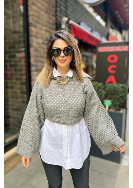 Kapşonlu Kimono Crop Gümüş