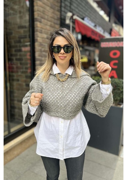 Kapşonlu Kimono Crop Gümüş