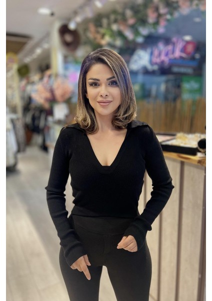 Patlı Polo Yaka Triko Siyah