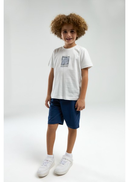 3304 Erkek Çocuk Beyaz Kısa Kollu Şortlu Bermuda Pijama Takım