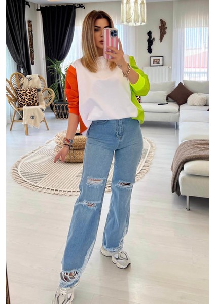Paça ve Diz Yırtık Detay Wide Leg Jean Buz Mavi