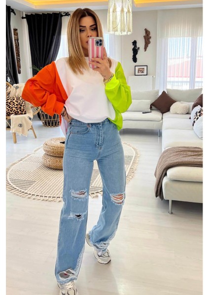 Paça ve Diz Yırtık Detay Wide Leg Jean Buz Mavi