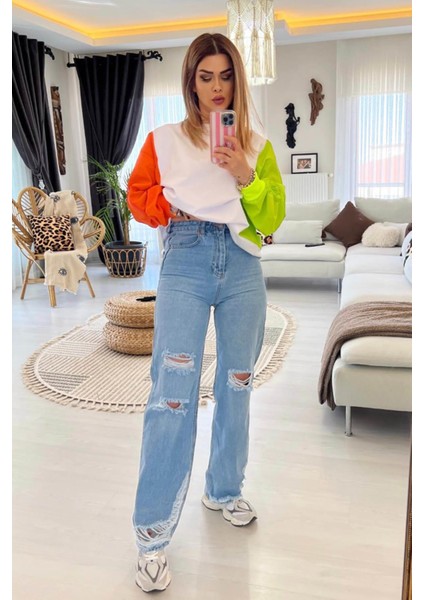 Paça ve Diz Yırtık Detay Wide Leg Jean Buz Mavi
