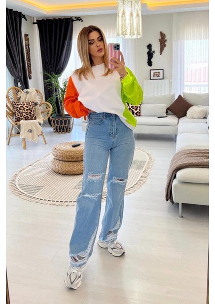 Paça ve Diz Yırtık Detay Wide Leg Jean Buz Mavi