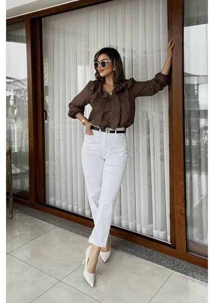 Fit Kalıp Yüksek Bel Mom Jean Beyaz