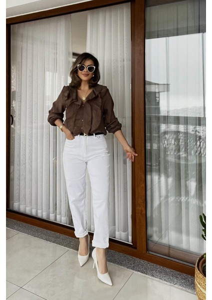 Fit Kalıp Yüksek Bel Mom Jean Beyaz