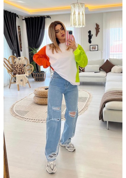 Paça ve Diz Yırtık Detay Wide Leg Jean Buz Mavi