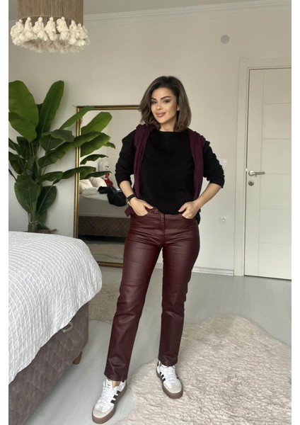 Mumlu Boru Paça Yüksek Bel Jean Bordo