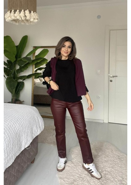 Mumlu Boru Paça Yüksek Bel Jean Bordo