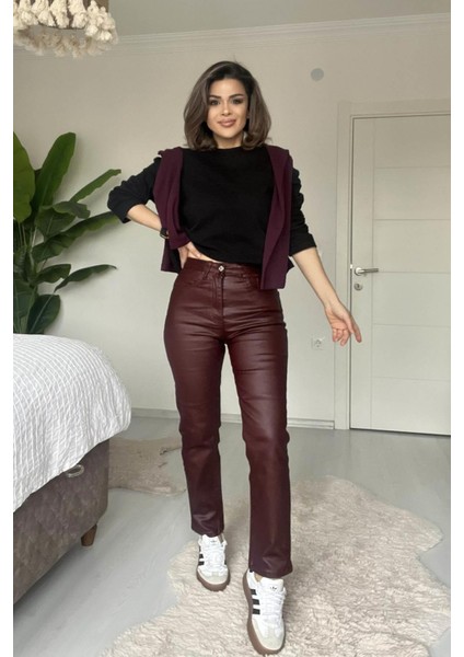 Mumlu Boru Paça Yüksek Bel Jean Bordo