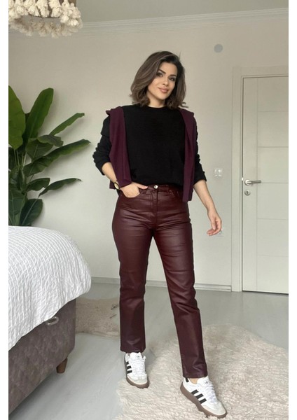 Mumlu Boru Paça Yüksek Bel Jean Bordo