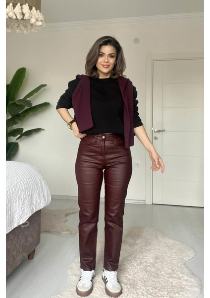Mumlu Boru Paça Yüksek Bel Jean Bordo