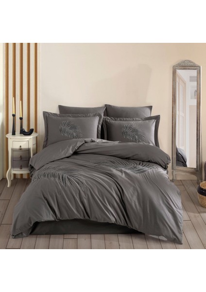 Premium Silvana Gri - Poplin Çift Kişilik Nakışlı Nevresim Takımı