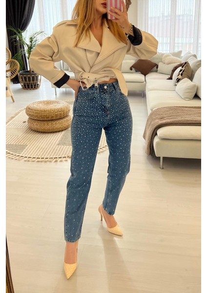 Ful Taşlı Mom Jean Mavi
