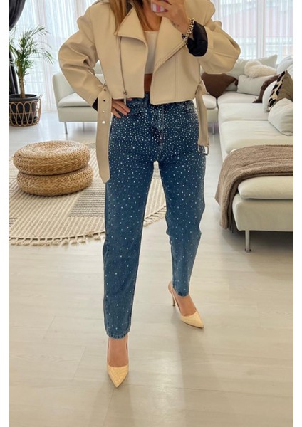 Ful Taşlı Mom Jean Mavi