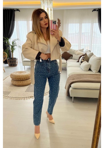 Ful Taşlı Mom Jean Mavi