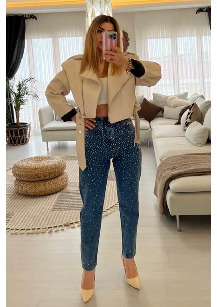 Ful Taşlı Mom Jean Mavi