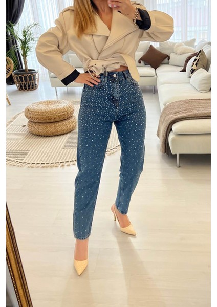 Ful Taşlı Mom Jean Mavi