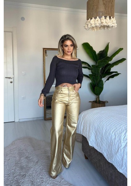 Varaklı Straight Pantolon Gold