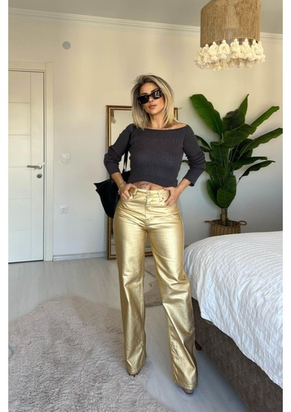 Varaklı Straight Pantolon Gold fırsatları
