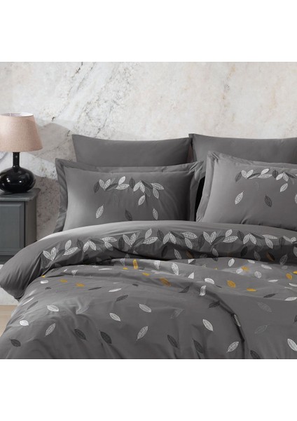 Premium Lidia Gri - Poplin Çift Kişilik Nakışlı Nevresim Takımı