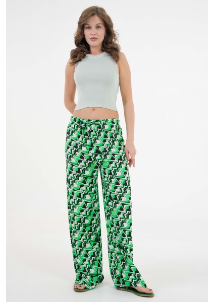 Yeşil Beli Lastikli Bağlamalı Bol Paça Dokuma Pantolon
