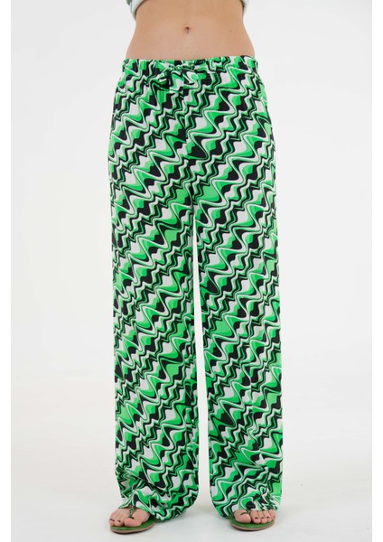 Yeşil Beli Lastikli Bağlamalı Bol Paça Dokuma Pantolon fırsatları