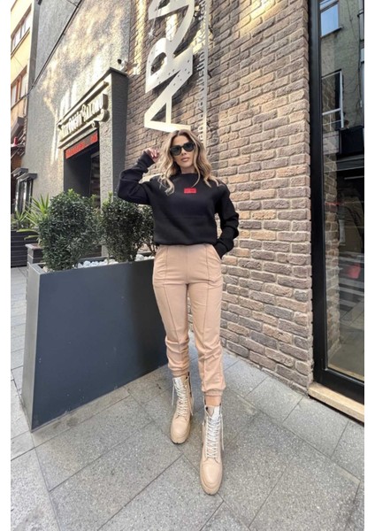 Paça Lastikli Dikişli Eşofman Bej modelleri