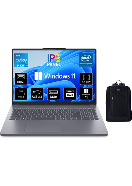 Ideapad Slim 3 16IRH10 Intel Core I5 13420H 40GB 2tb SSD Windows 11 Pro 16" IPS Fhd Taşınabilir Bilgisayar 83K2001UTR + Boz Çanta