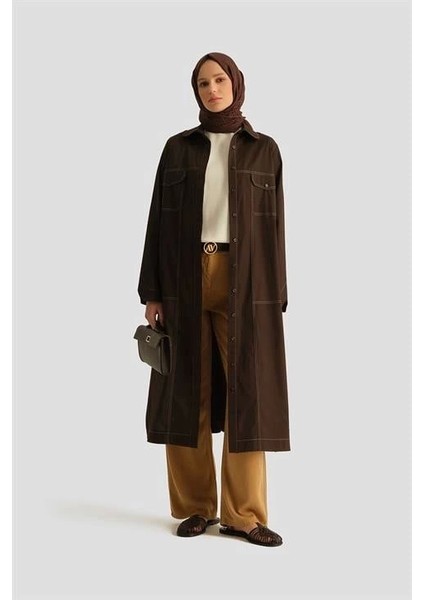 Kontrast Dikişli Pamuk Tunik Elbise 25Y4705 Kahverengi