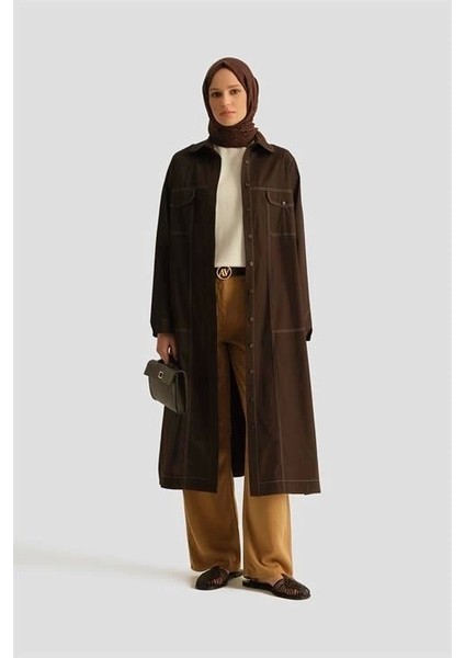 Kontrast Dikişli Pamuk Tunik Elbise 25Y4705 Kahverengi modelleri