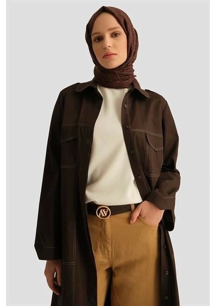 Kontrast Dikişli Pamuk Tunik Elbise 25Y4705 Kahverengi fırsatları