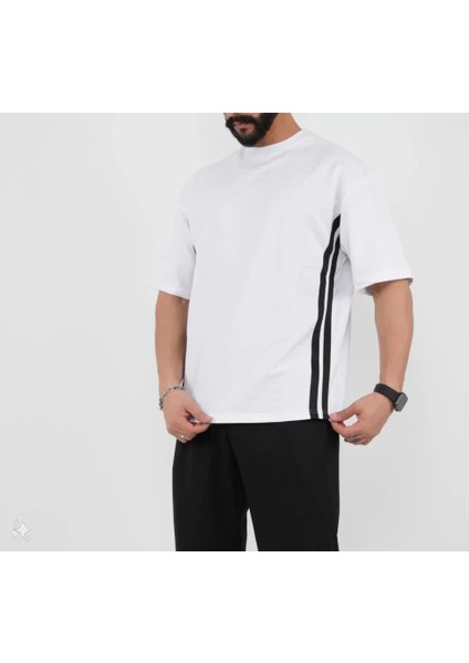 Oversize Yanları Şeritli T-Shirt - Beyaz