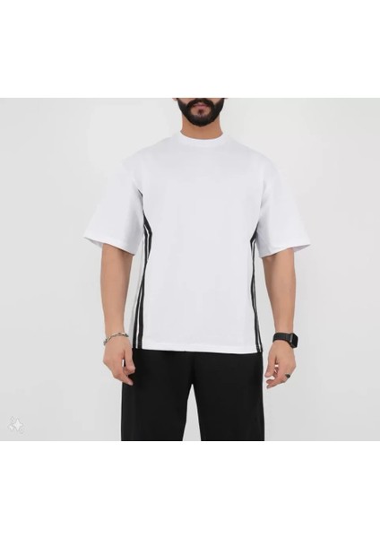 Oversize Yanları Şeritli T-Shirt - Beyaz