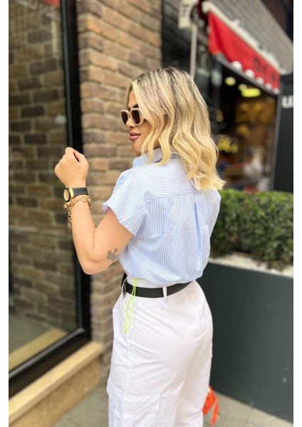Büzgülü Crop Gömlek Mavi
