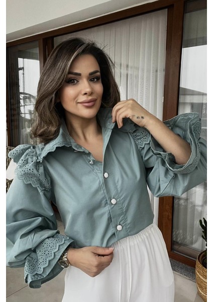 Bebe Yaka Balon Kol Gömlek Mint Yeşili