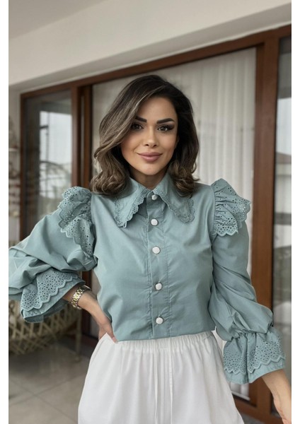 Bebe Yaka Balon Kol Gömlek Mint Yeşili modelleri