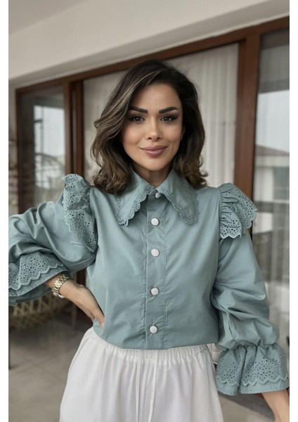 Bebe Yaka Balon Kol Gömlek Mint Yeşili indirimleri